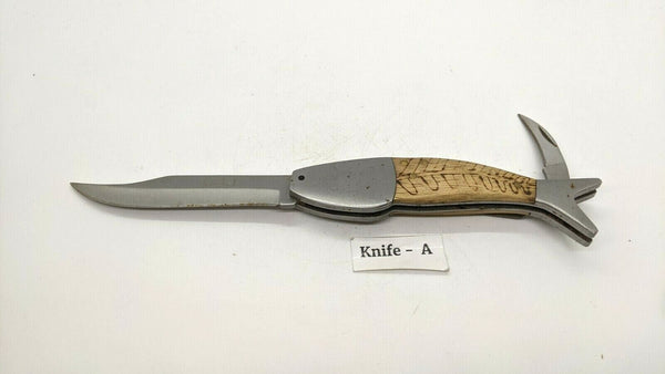 Uncorked Originals Folding Pocket Knife Fish Style Plain & Serrated Edge Wood SS