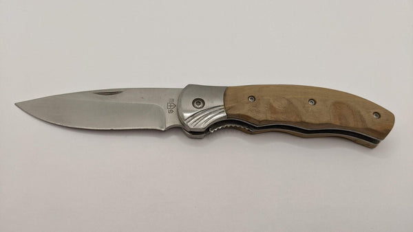 G+W 440C Stainless Steel Folding Pocket Knife Drop Point Plain Blade Wood Handle