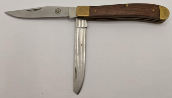 G+W Grand Way Double Blade Pocket Knife w/Wooden Brass Handle Plain Edge Blades