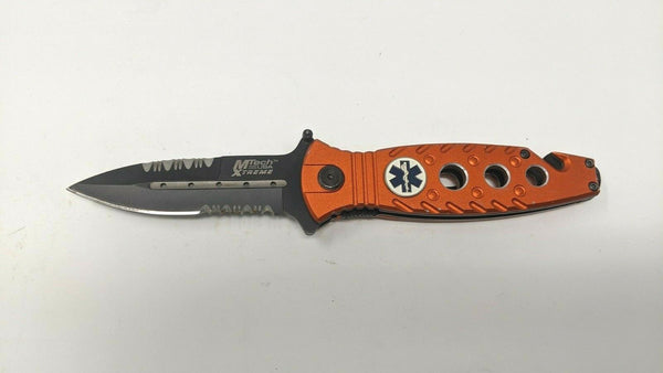 MTech USA Xtreme EMS Rescue Folding Pocket Knife Liner Aluminum Dagger Point Red