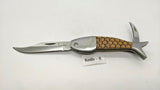 Uncorked Originals Folding Pocket Knife Fish Style Plain & Serrated Edge Wood SS