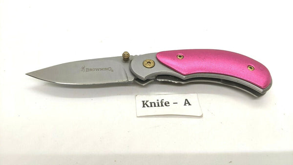 Browning Model 222 Folding Pocket Knife Pink Metal Handle Plain Edge Frame Lock