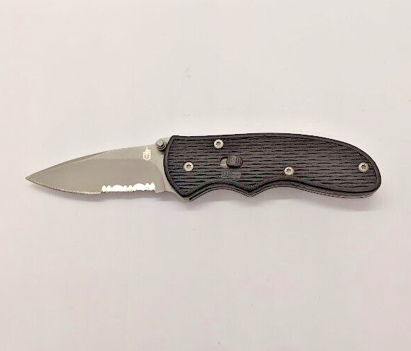 Gerber Drop Point Combination Blade Safety Lock Black Handle Folding Pocket Knif