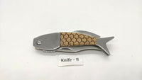 Uncorked Originals Folding Pocket Knife Fish Style Plain & Serrated Edge Wood SS