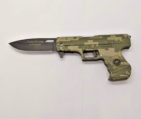 Army Strong First Production Run Drop Point Plain Edge Gun Shaped Pocket Knife