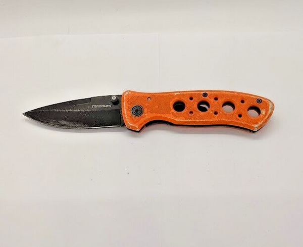 Magnum Drop Point Plain Edge Orange Handle Liner Lock Folding Pocket Knife