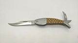 Uncorked Originals Folding Pocket Knife Fish Style Plain & Serrated Edge Wood SS