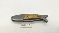 Uncorked Originals Folding Pocket Knife Fish Style Plain & Serrated Edge Wood SS