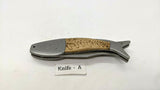 Uncorked Originals Folding Pocket Knife Fish Style Plain & Serrated Edge Wood SS