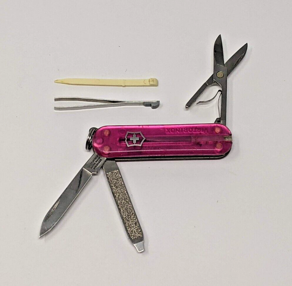 Victorinox Classic SD Transparent Pink SAK 58mm *No Logo* Toothpick Tweezers