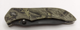 Elk Ridge Logo on Plain Edge Blade Drop Point Green Leaf Camo Handle Pocket Clip