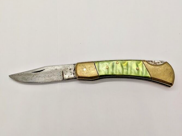Unbranded Plain Edge Clip Point Green Handle Brass Lock Back Folding Pocket Knif