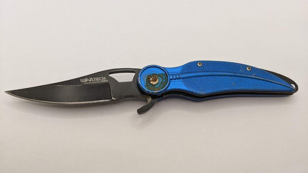 Wartech USA Trailing Point Folding Pocket Knife Blue Handle 4.5" Plain Blade