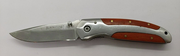 Black Stone Liner Lock Plain Drop Point Blade Wood Handle Folding Pocket Knife