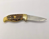 Unbranded Drop Point Plain Edge Gold Wolf Handle Lock Back Folding Pocket Knife