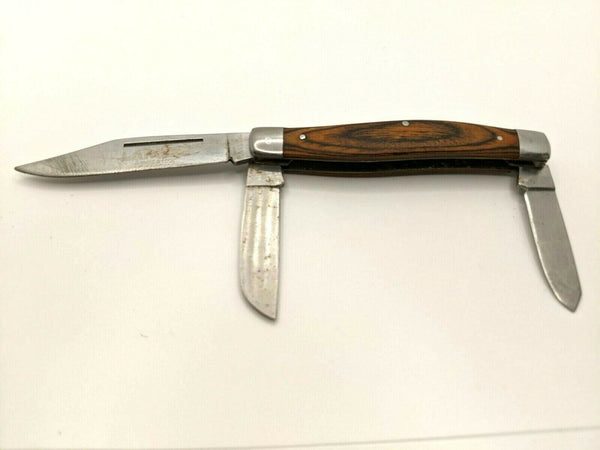 Vintage Lansky LKN005 Stockman Folding Pocket Knife 3 Pin Wood w/SS Bolsters