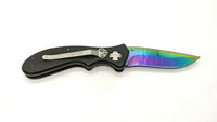 Duluth Trading Co. Folding Pocket Knife Plain Edge Liner Lock Rainbow Blade Blk