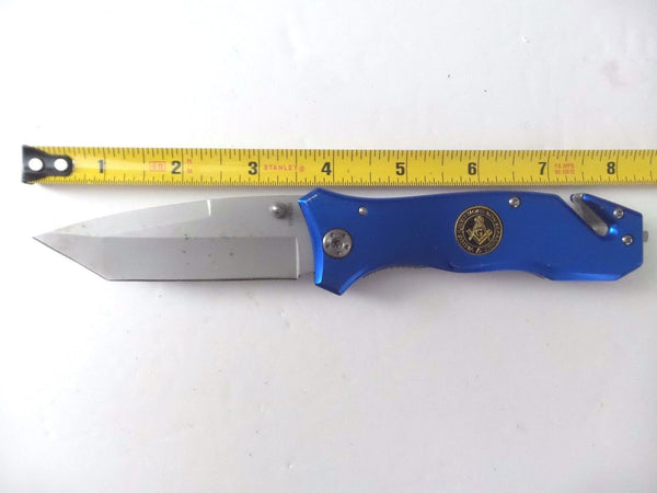 Freemason Folding Blue Pocket Knife w/ Seat Belt Cutter and Belt Clip