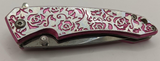 Femme Fatal Pink Roses Stainless Steel Plain Edge Folding Pocket Knife DropPoint