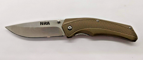 NRA Plain Edge Drop Point Liner Lock Tan Handle Folding Pocket Knife With Clip