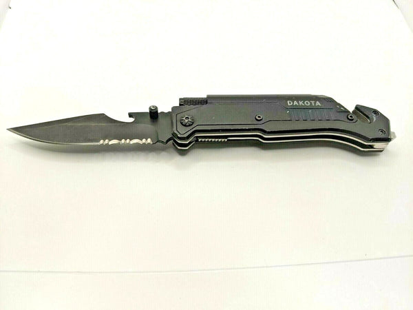 Dakota 6 In 1 Survival Tactical Folding Pocket Knife Combo Liner LED Ferro Rod