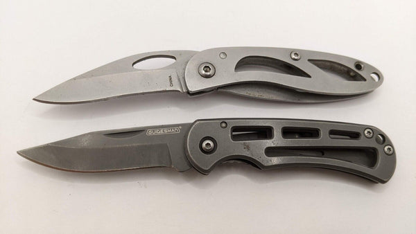 Lot of 2 Skeletal Frame Folding Pocket Knives (Guidesman+Unbranded) Silver/Gray