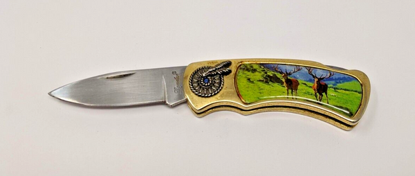 Lender Elk Scene Folding Pocket Knife 3" Drop Point Plain SS Blade