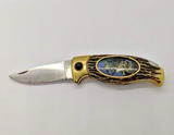 Unbranded Drop Point Plain Edge Gold Wolf Handle Lock Back Folding Pocket Knife