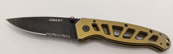Coast FDX304 Partially Serrated Framelock Folding Pocket Knife Gold Handle/Frame