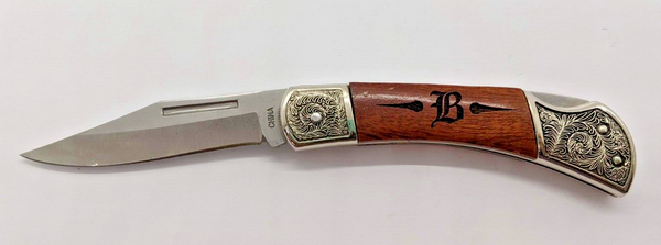 Unbranded Engraved "B" Wood Handle Plain Edge Clip Point Folding Pocket Knife