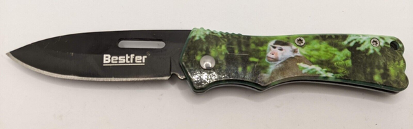Bestfer Folding Pocket Knife w/Rainforest Monkey Handle Plain Blade Drop Point